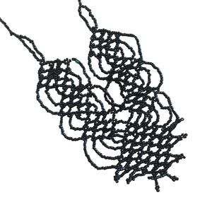 Vintage Hand Beaded Black Bib Necklace, Metal Free Beaded Necklace